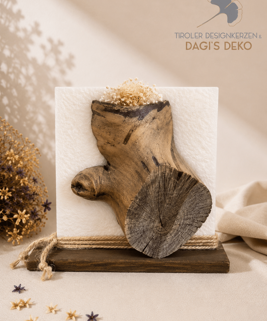 Hochzeitskerze mit Holz und Blumen