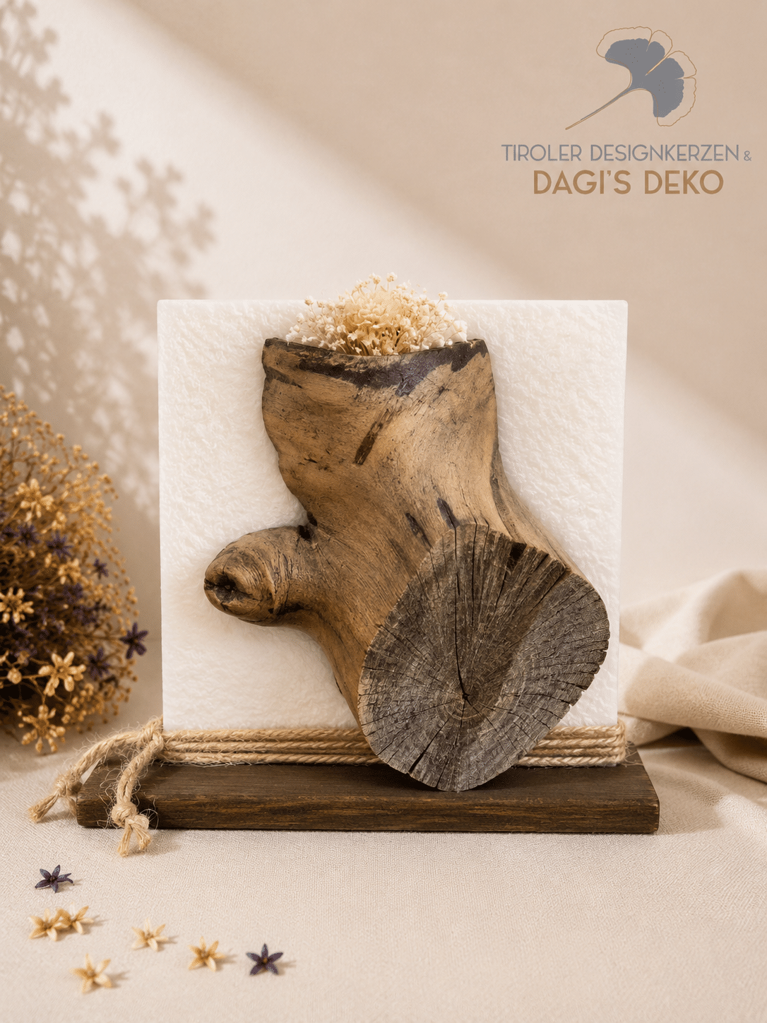 Hochzeitskerze mit Holz und Blumen