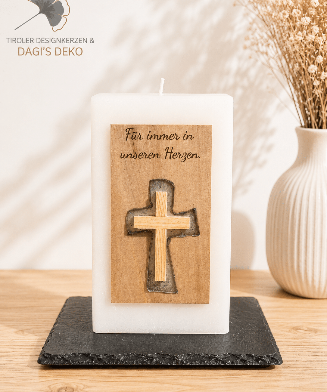 Trauerkerze mit Spruch und Kreuz