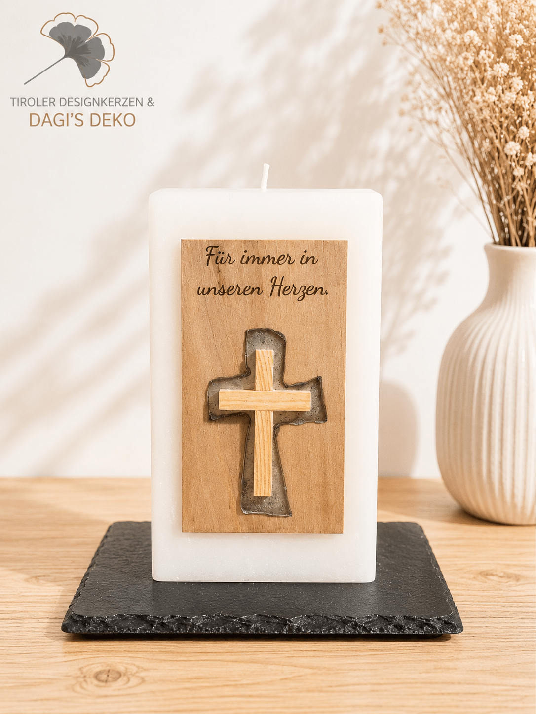Trauerkerze mit Spruch und Kreuz