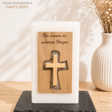 Trauerkerze mit Spruch und Kreuz