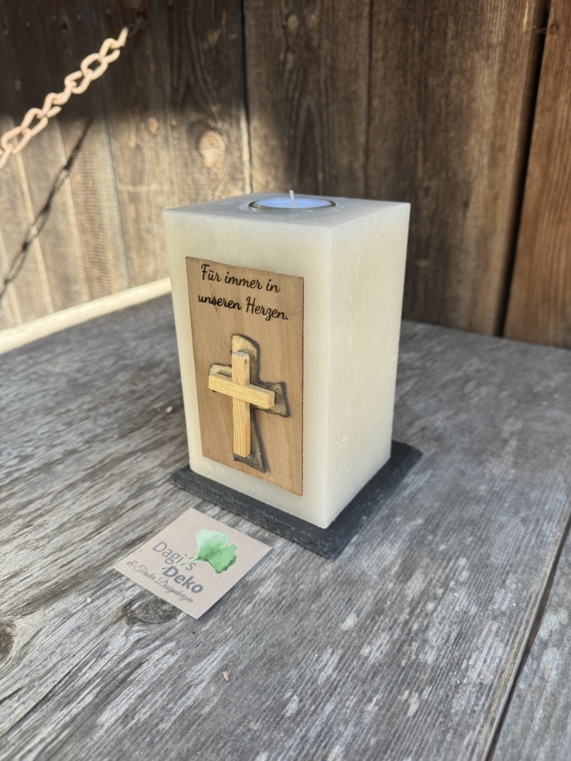 Trauerkerze mit Spruch und Kreuz – Bild 2